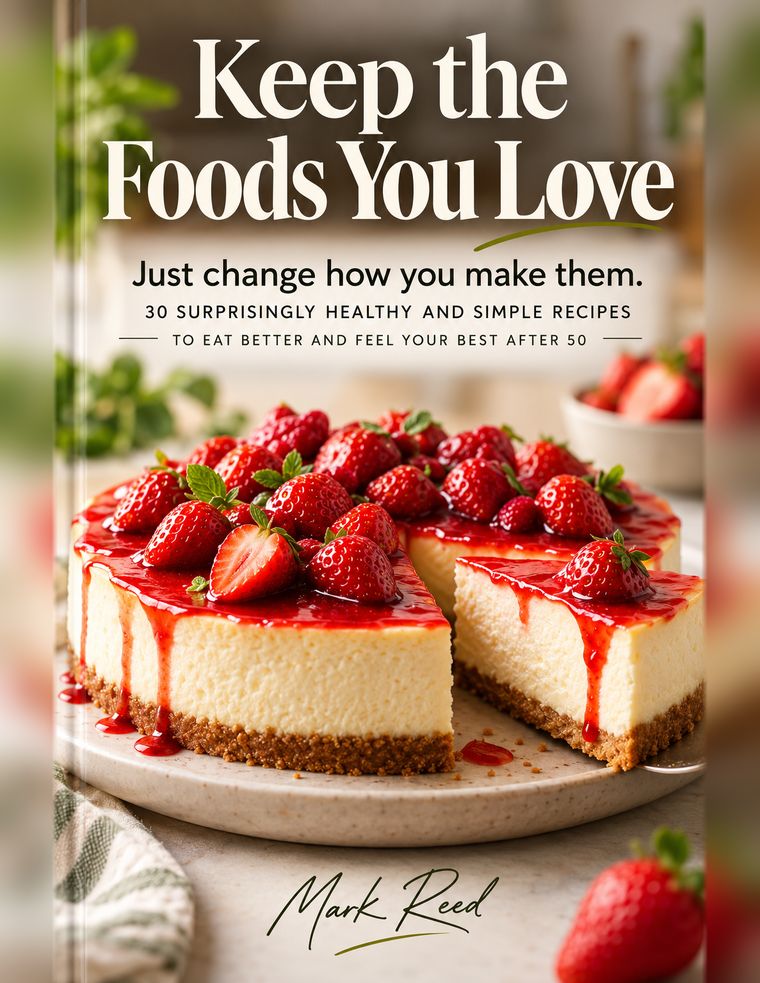 Book cover: Keep the Foods You Love. Just change how you make them. By Mark Reed. A strawberry cheesecake on a plate.