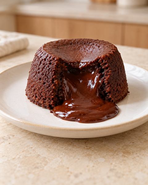 A chocolate lava cake with its center running onto the plate.