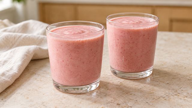 Two glasses of pink strawberry kefir shake.